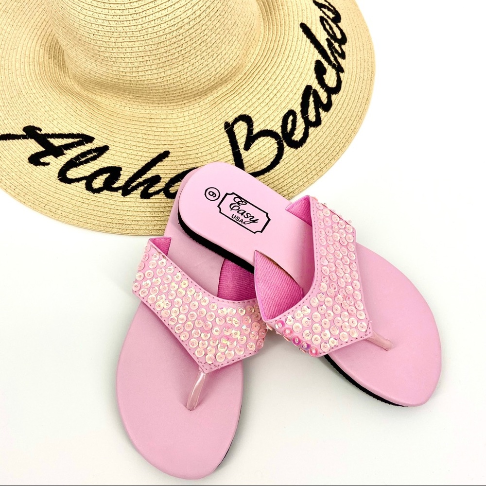 JUST IN Pink Sequins Wedge Flip Flop Sandals